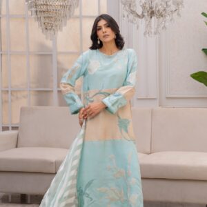elegant aqua green & silk embroidered dress – ro silk fabric with adha work detailing