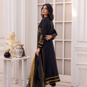 black pure ro silk dress with golden hand work – luxury party wear